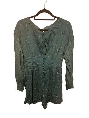 Free People Teal Floral Long Sleeve Keyhole Button Romper Size Small
